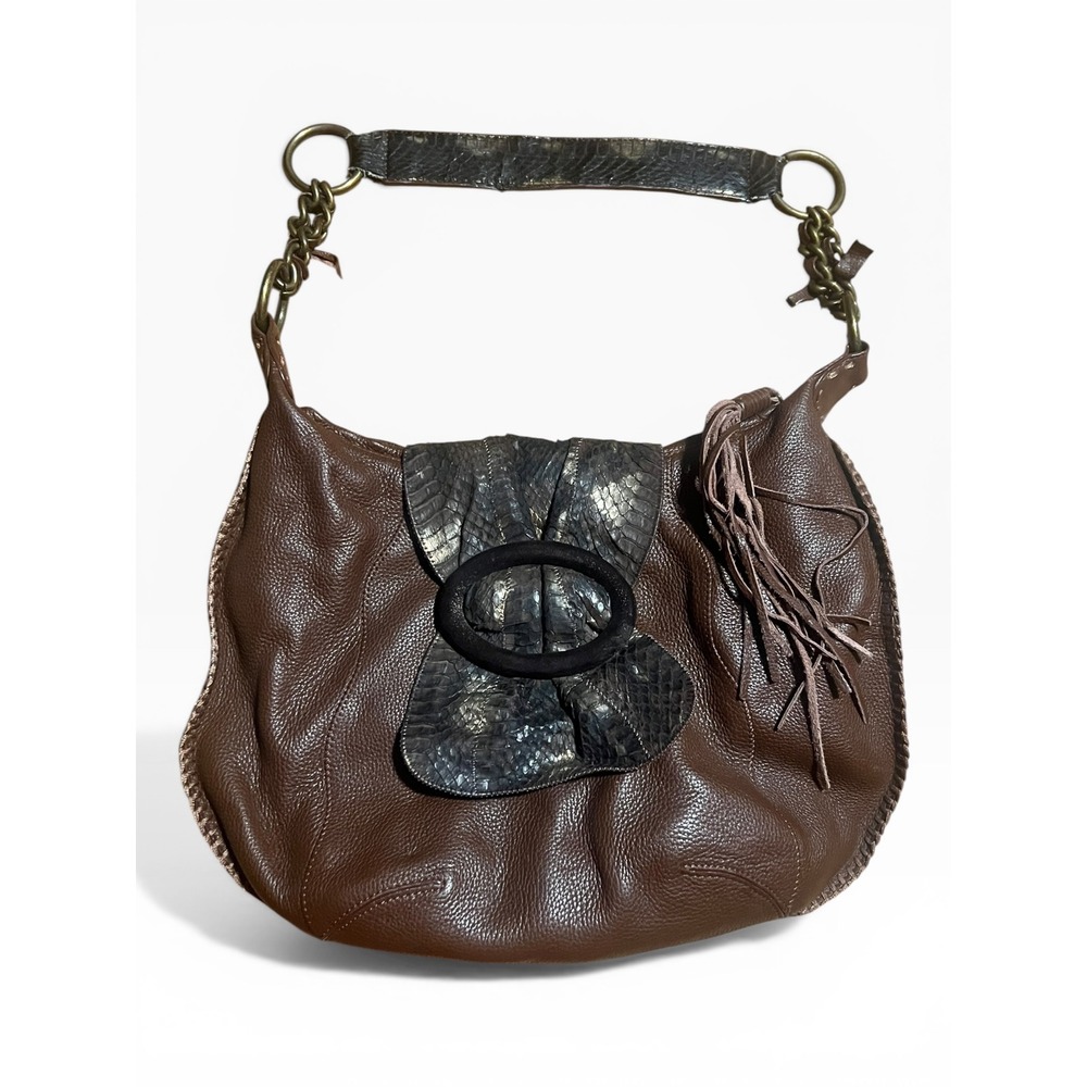 Chi by Falchi Brown Pebbled Leather Snakeskin Embossed Hobo Bag‎ Fringe Tassel